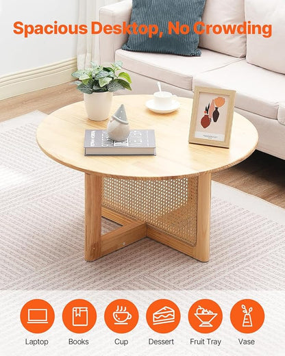 VEVOR Rattan Coffee Table, Round Woven With Rubber Wood Top, 33 in Modern Boho Circular Storage Table With Natural Legs, for Living Room, Bedroom & Small Spaces