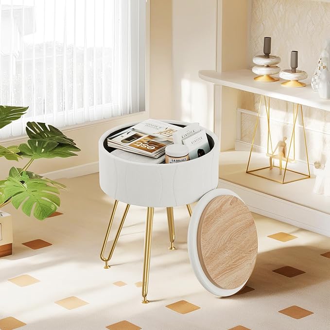 VECELO Vanity Stool with Storage, Velvet Chair for Vanity, Strong Metal Legs, Anti-Slip Feet, Padded Seat for Make Up, Bedroom, Living Room, Entryway, White