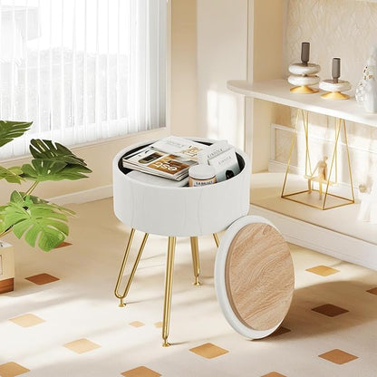 VECELO Vanity Stool with Storage, Velvet Chair for Vanity, Strong Metal Legs, Anti-Slip Feet, Padded Seat for Make Up, Bedroom, Living Room, Entryway, White