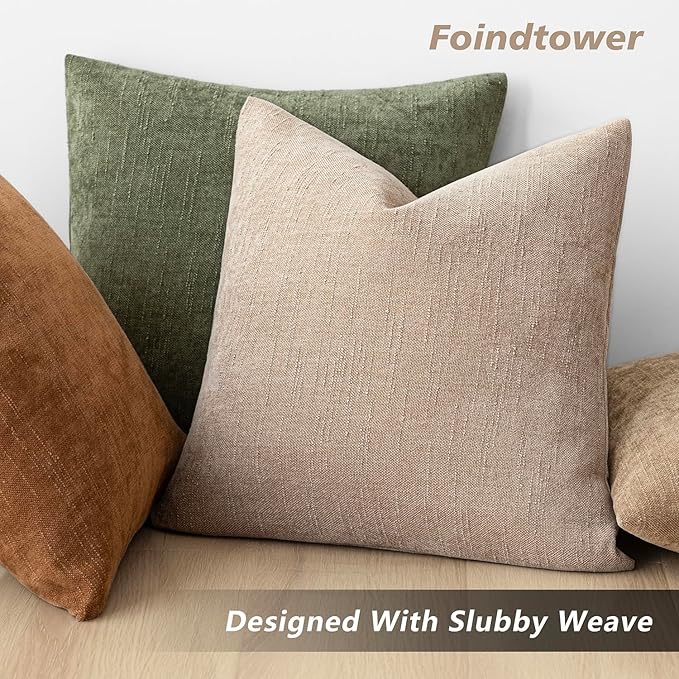 Foindtower Set of 2 Soft Textured Chenille Throw Decorative Pillow Covers Square Accent Solid Cushion Cover Cozy Neutral Farmhouse Pillow Case for Couch Sofa Bedroom Living Room 20x20 Inch,Cream Camel