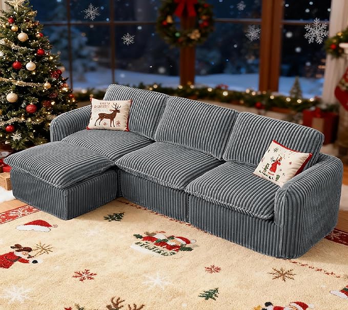 110'' Boneless Modular Cloud Couch for Living Room, Comfy Cloud Modular Sectional Couch with Ottoman, Convertible L Shaped Couches for Apartment, Dorm, No Assembly Required, Grey Corduroy