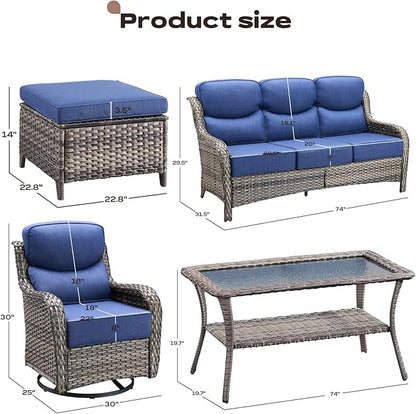 Rilyson Wicker Outdoor Patio Furniture Set - 6 Piece Patio Conversation Sets with Swivel Rocker Chairs, Ottomans, Sofa and Table, 6 inch Cushions, Deep Seating, for Porch Deck Mixed Grey/Blue