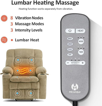 MCombo Dual Motor Power Lift Recliner Chair for Elderly, Lay Flat Lift Chair with Heat and Massage, Petite Lift Chair, Cup Holders, USB A&C Ports, Fabric 7893 (Small, Beige)