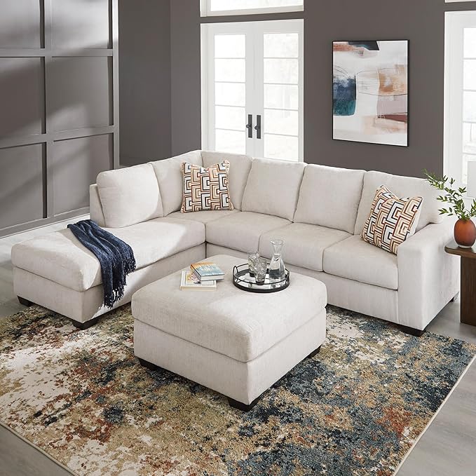 Signature Design by Ashley Aviemore Casual L-Shaped 2-Piece Sectional with Chaise and Loose Seat Cushions, Accent Pillows Included, 110" Wide, Light Gray