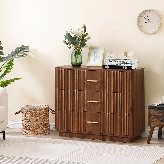 Fluted Dresser for Bedroom with 3 Drawers, 31.5" Wide Modern Chest of Drawers with Metal Handle, Large Storage Dresser, Wood Closet Clothes Storage Organizer for Nursery Living Room, Hallway, Walnut