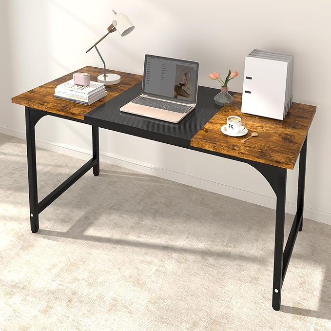 StarGraph Gaming Desk 47 Inch Modern Computer Desk Large Home Office Desks with Carbon Fiber Desktop Study Writing Work Game Desks with Sturdy Metal Frame, Rustic Brown