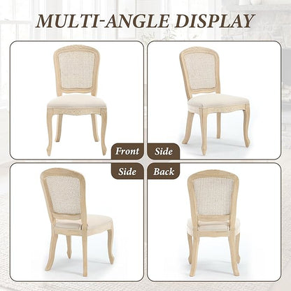 Wicker Dining Chairs Set of 6, Upholstered Linen Fabric Dining Room Chairs with Square High Rattan Back Farmhouse French Kitchen Chairs for Dining Table/Living Room/Restaurant, Cream