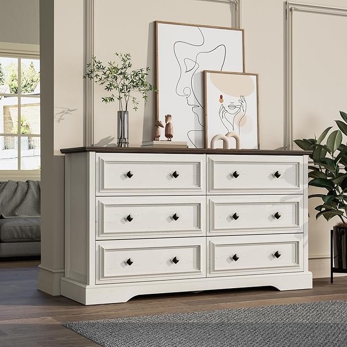 Farmhouse 6 Drawer Dresser for Bedroom, 54" Wide Wood Dresser with Natural Texture, Rustic Chest of Drawers for Bedroom with Vintage Metal Hands, for Living Room, Hallway, Antique White