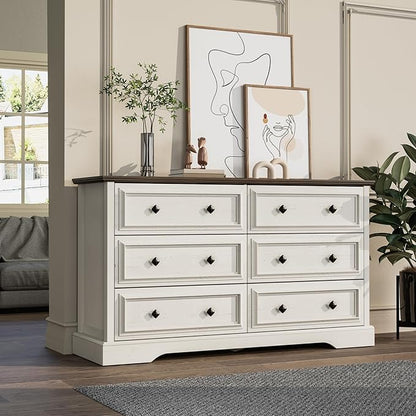 Farmhouse 6 Drawer Dresser for Bedroom, 54" Wide Wood Dresser with Natural Texture, Rustic Chest of Drawers for Bedroom with Vintage Metal Hands, for Living Room, Hallway, Antique White