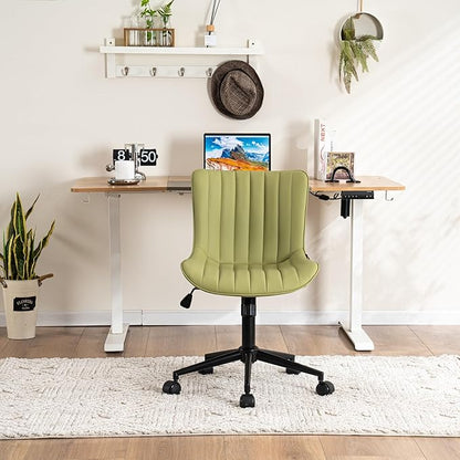 YOUNIKE Ergonomic Home Office Desk Chair with Wheels Comfy Armless Criss Cross Chair with Back Adjustable Modern Leather Upholstered Swivel Vanity Chair Small Cute Rolling Task Chair Avocado Green