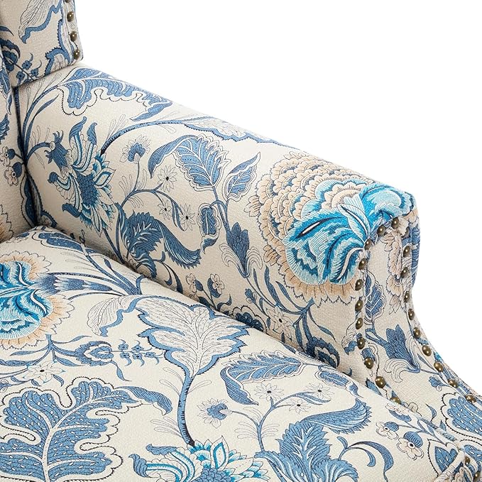 UIXE High Back Floral Accent Chair, Fabric Upholstered Armchair Wingback Arm Chair for Living Room, Nailhead Trim Single Sofa Bedroom Side Reading Seat with Retro Solid Wood Legs - Boho Blue