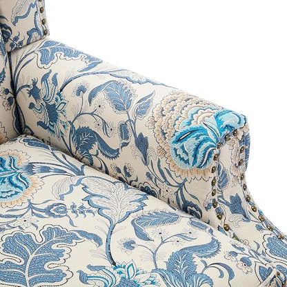 UIXE High Back Floral Accent Chair, Fabric Upholstered Armchair Wingback Arm Chair for Living Room, Nailhead Trim Single Sofa Bedroom Side Reading Seat with Retro Solid Wood Legs - Boho Blue