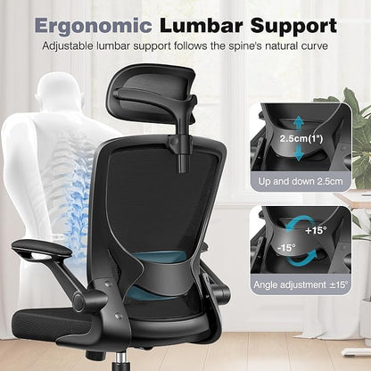 Ergonomic Office Chair, High Back Mesh Desk Chair with Lumbar Support, Flip-up Armrests, Adjustable Headrest, Computer Gaming Chairs for Long Hours, Black