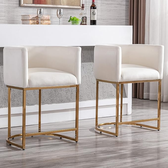 Contemporary Cream Velvet Bar Stools Set of 3, 24" Upholstered Fabric Counter Height Barstools Kitchen Counter Island Stools with Golden Metal Base