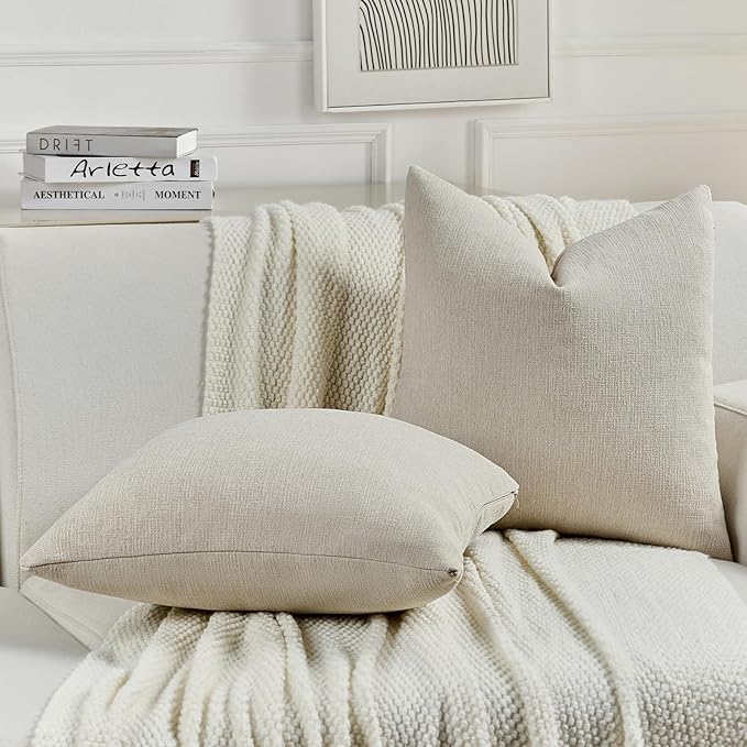 FUTEI Beige Chenille Decorative Throw Pillow Covers 12x20 Inch Set of 2,Soft Cozy Faux Linen Textured Lumbar Pillow Cases,Farmhouse Home Decor for Couch Living Room