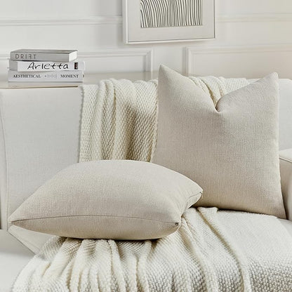 FUTEI Beige Chenille Decorative Throw Pillow Covers 20x20 Inch Set of 2,Soft Cozy Faux Linen Textured Cushion Case,Farmhouse Home Decor for Couch Living Room