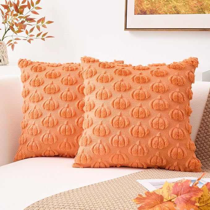 Kevin Textile Fall Pumpkins Pillow Covers 18x18 Inch Set of 2 Cute Autumn Decorative Square Pillowcases Soft Faux Fur Cushions Harvest Gift for Couch Sofa Chair Bedroom Home Decor, Orange