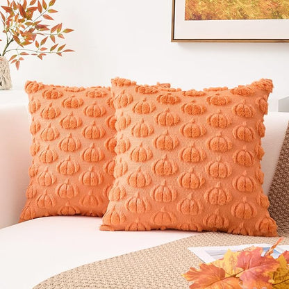 Kevin Textile Fall Pumpkins Pillow Covers 18x18 Inch Set of 2 Cute Autumn Decorative Square Pillowcases Soft Faux Fur Cushions Harvest Gift for Couch Sofa Chair Bedroom Home Decor, Orange