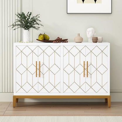 HLR Accent Cabinet with 4 Doors&Shelves, Sideboard Buffet Cabinet with Gold Trim, Modern White Storage for Living Room, Entryway, Kitchen, Dining Room, Hallway