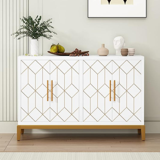 HLR Accent Cabinet with 4 Doors&Shelves, Sideboard Buffet Cabinet with Gold Trim, Modern White Storage for Living Room, Entryway, Kitchen, Dining Room, Hallway