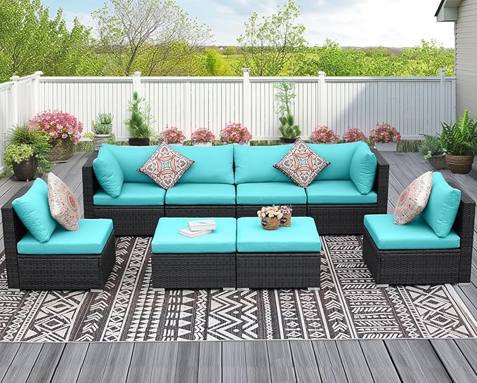 NICESOUL 8 People Outdoor Seating Furniture, 29.3'' High Back Comfortable Wicker Patio Sectional Sofas with Ottoman, Deep Seats Oversized Conversations for Exteriors, 2 Color Cushion Turquoise & Gray
