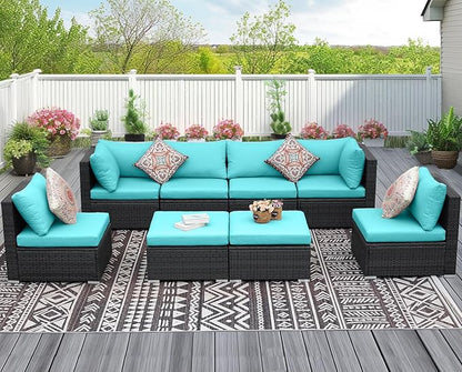 NICESOUL 8 People Outdoor Seating Furniture, 29.3'' High Back Comfortable Wicker Patio Sectional Sofas with Ottoman, Deep Seats Oversized Conversations for Exteriors, 2 Color Cushion Turquoise & Gray