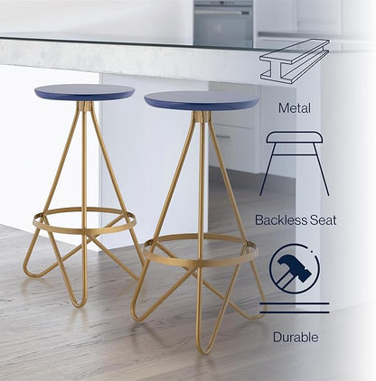 JONATHAN Y BSL1000A Spiroa 30" Modern Industrial Metal Backless Circular Bar Stool for Home, Kitchen, Dining Room, Workspaces, Cafes and Resturants, Navy Seat with Gold Frame