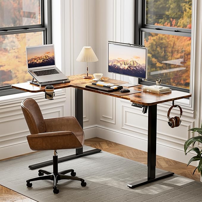 51" Reversiable L-Shaped Electric Standing Desk Adjustable Height Gaming Stand Up Corner Desk Sit Stand Home Office Computer Desk with Splice Board, Rustic Brown Top
