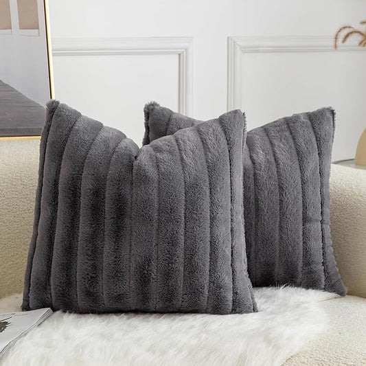 Pack of 2 Faux Fur Throw Pillow Covers 24x24 Inch Striped Decorative Soft Plush Couch Pillow Case Home Decor for Bed, Sofa, Living Room Darkgrey