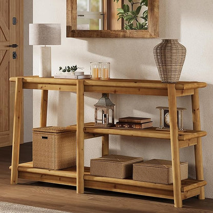 LITTLE TREE Solid Wood Console Table, 63-Inch Farmhouse Sofa Table Behind Couch, 3-Tier Entryway Table with Storage, for Living Room, Hallway in Warm Wood Color