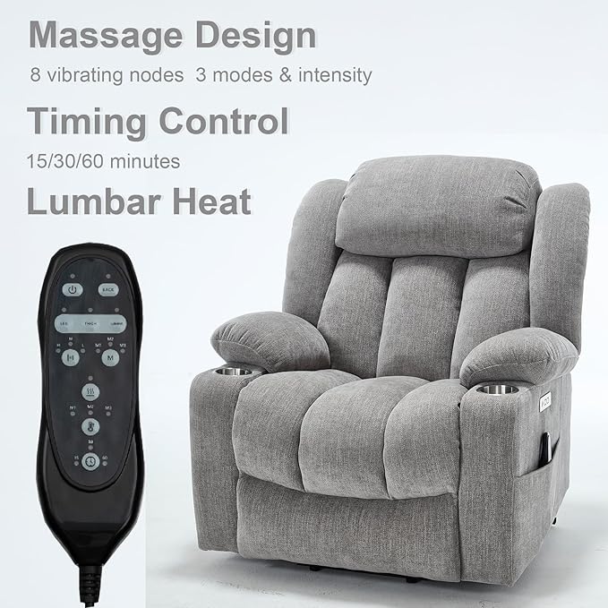 Power Lift Recliner Chair, USB/Type-C Ports & Cup Holders, Heavy Duty Chenille Recliner for Elderly, Light Grey
