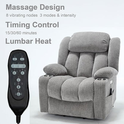 Power Lift Recliner Chair, USB/Type-C Ports & Cup Holders, Heavy Duty Chenille Recliner for Elderly, Light Grey