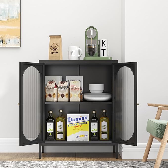 Small Cabinet with 2 Acrylic Doors, Metal Pantry with Adjustable Shelf and High Feet, Black Accent Cabinet for Home, Office, Living Room,Sideboard, Hallway and Entryway