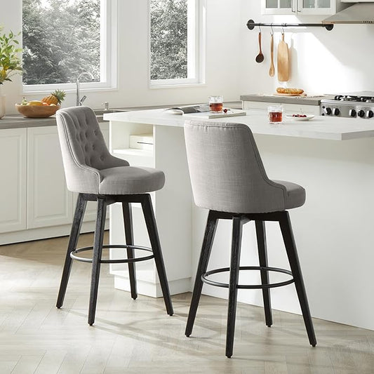 Watson & Whitely Bar Stools, 360° Swivel Upholstered Bar Stool with Back, 30" H Bar Height Barstools, Set of 2, Performance Fabric in Flint Grey