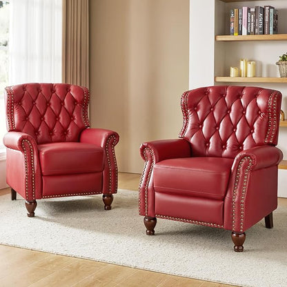 HULALA HOME Genuine Leather Recliner Chair Set of 2 w/Solid Wood Feet, Modern Adjustable Tufted Push Back Arm Chair w/Rivet Decoration, Home Theater Seating Reclining Sofa for Living Room, RED