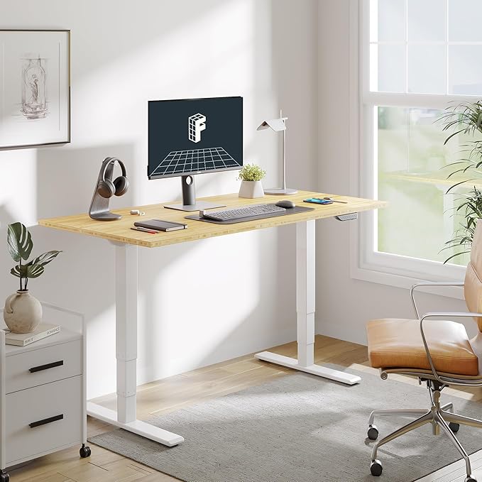 FLEXISPOT E6 MAX Bamboo Dual Motor 48x24 Inch 3-Stage Heavy Duty Standing Desk, 330lbs Weight Capacity, Height Adjustable Desk w/Cable Management & Wheels (Solid Bamboo Desktop + White Frame)