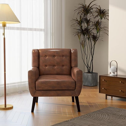Accent Chair, Mid-Century Modern PU Leather Chairs with Arms for Living Room, Comfy Upholstered Club Single Sofa Armchair for Bedroom Waiting Room with Solid Wood Frame（Leather Coffee, Set of 2)