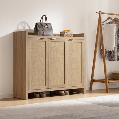 SICOTAS Shoe Storage Cabinet, 30 Pairs Rattan Shoe Cabinet Storage for Entryway, 6-Tier 41" Tall Large Shoe Cabinet, Boho Farmhouse Cabinet with Doors for Entryway Hallway Living Room, Light Oak