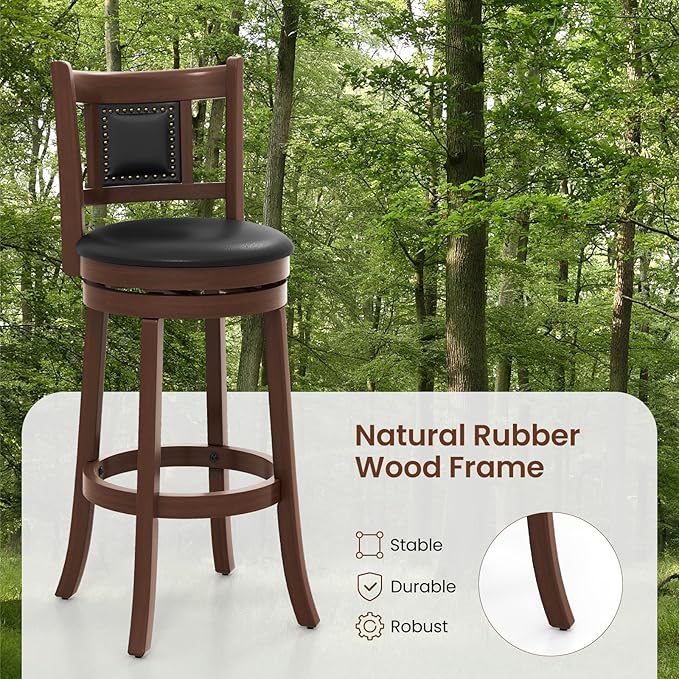 COSTWAY Bar Stools Set of 2, 30.5” Swivel Upholstered Bar Height Bar Stool with Curved Backrest & Cushioned Seat, Solid Rubber Wood Legs & Resting Footrest, for Kitchen Island (2, 30.5”)