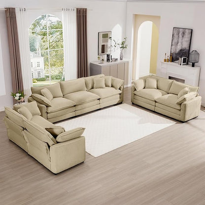 mikibama Luxury 3 Piece Sofa Set, 3-Seater & 2 Loveseat Couch Set, Modern Corduroy Comfy Cloud Couches Set for Living Room Office with 6 Armrest Pillows and 7 Toss Pillows, Camel