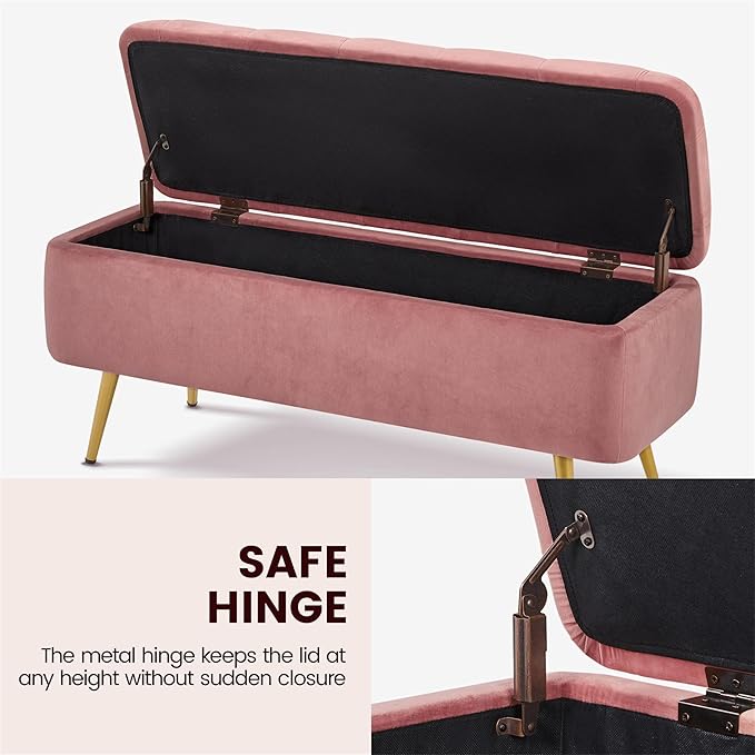 Yaheetech Ottoman with Storage, Velvet Entryway Bench with Safety Hinge, Upholstered Bench with Seating for Bedroom, Living Room, Holds up to 519 lb, Pink
