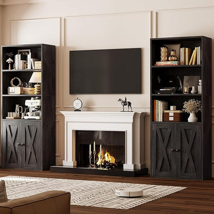 IRONCK Industrial Bookshelves and Bookcases with Doors 11.8 in Depth Set of 2 Floor Standing 5 Shelf Display Storage Shelves Bookcase Home Decor Furniture for Home, Office, Living Room, Bedroom