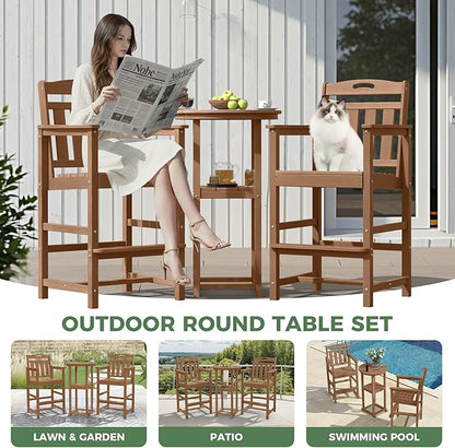 HDPE Outdoor Patio Tall Bar Chair, All-Weather Bar Height Balcony Adirondack Stools for Bistro, Garden, Backyard, Deck | Teak