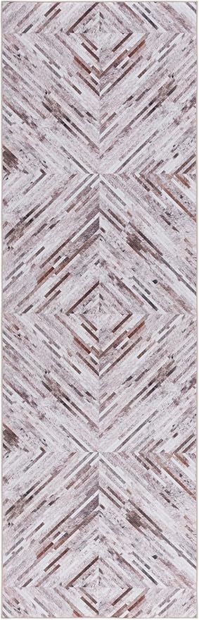 SAFAVIEH Washable Rug Faux Hide Collection - 2'6" x 6' Runner, Beige & Brown, Slip Resistant, Western Rustic Decor, Printed Pattern, Ideal for Living Room, Hallway, Kitchen, Foyer, Bedroom (FAH526A)