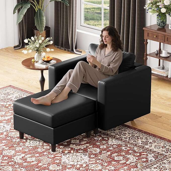 ABCASA Faux Leather Oversized Accent Chair with Storage Deep Seat Single Sofa Large Reading Armchair for Living Room Bedroom Office Black Set of 2