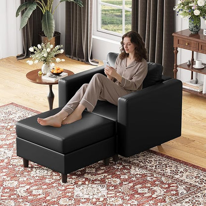 ABCASA Faux Leather Accent Chair with Ottoman,Upholstered Armchair with Storage,Extra-Deep-Seated Modular Single Sofa,Reading Chair with Footrest for Living Room Lounge Chair Black