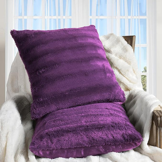 Cheer Collection Faux Fur Throw Pillows - Decorative Pillows for Couch, Bed Throw Pillows, Purple Accent Pillows for Bedroom or Living Room Aesthetic, Set of 2 Furry Throw Pillows, 20" x 20"