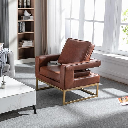 Modern Accent Chair, PU Leather Upholstered Side Chair with Backrest, Comfy Armchair Side Chair with Golden Metal Base for Living Room Reception Room, 1PC, Brown