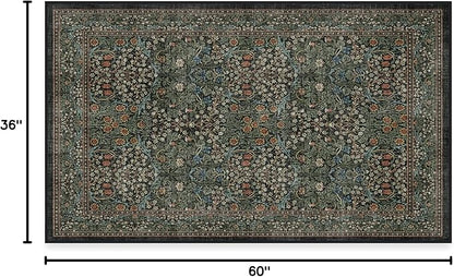 RUGGABLE x Morris & Co Washable Area Rug – Blackthorn Forest Green 3x5, Stain-Resistant, Non-Slip – Small Machine Washable Rugs for Living Room, Bedroom, Hallway, Entryway & Office–with Standard Pad