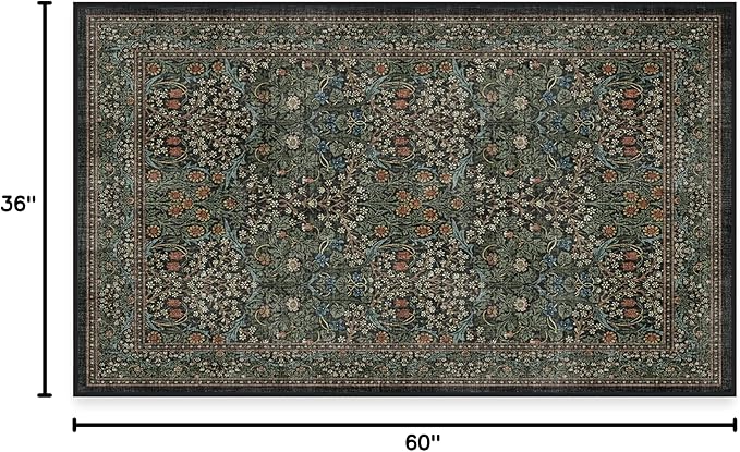 RUGGABLE x Morris & Co Washable Area Rug – Blackthorn Forest Green 3x5, Stain-Resistant, Non-Slip – Small Machine Washable Rugs for Living Room, Bedroom, Hallway, Entryway & Office–with Cushioned Pad
